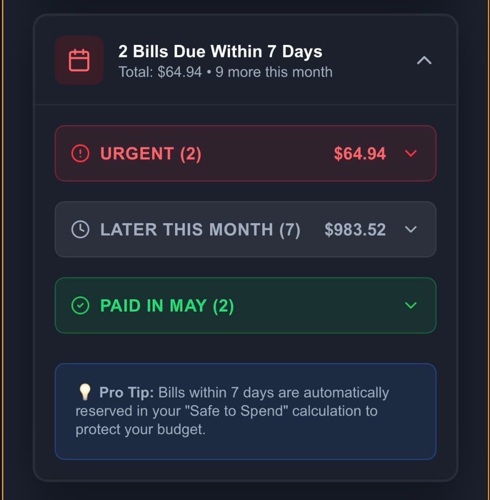 Upcoming bills view with urgent, later this month, and paid sections.
