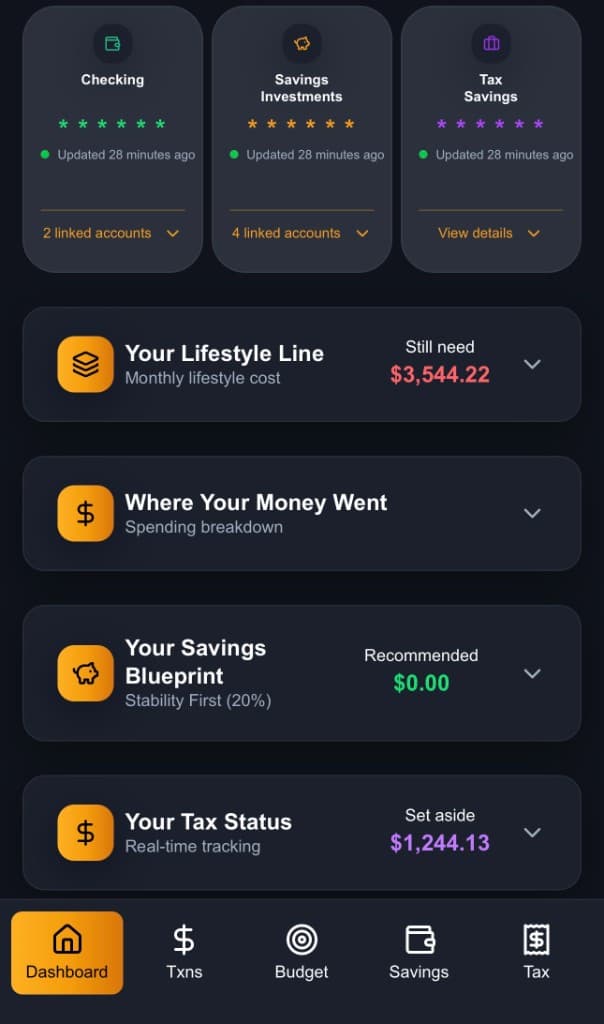 Stack App dashboard with linked accounts, Lifestyle Line, savings blueprint, and tax status.