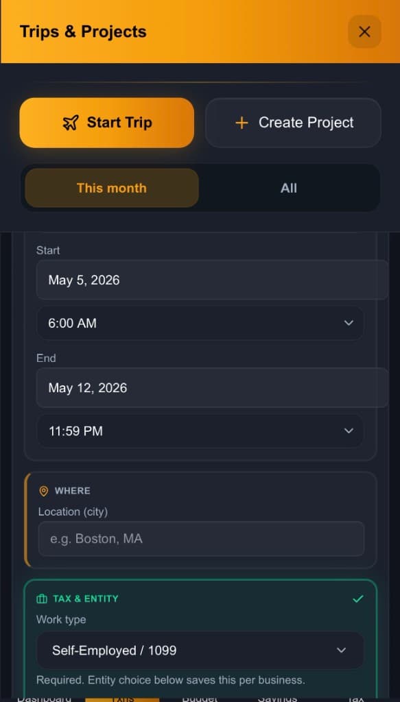 Trips and Projects screen for tracking gigs, tours, and self-employed work.